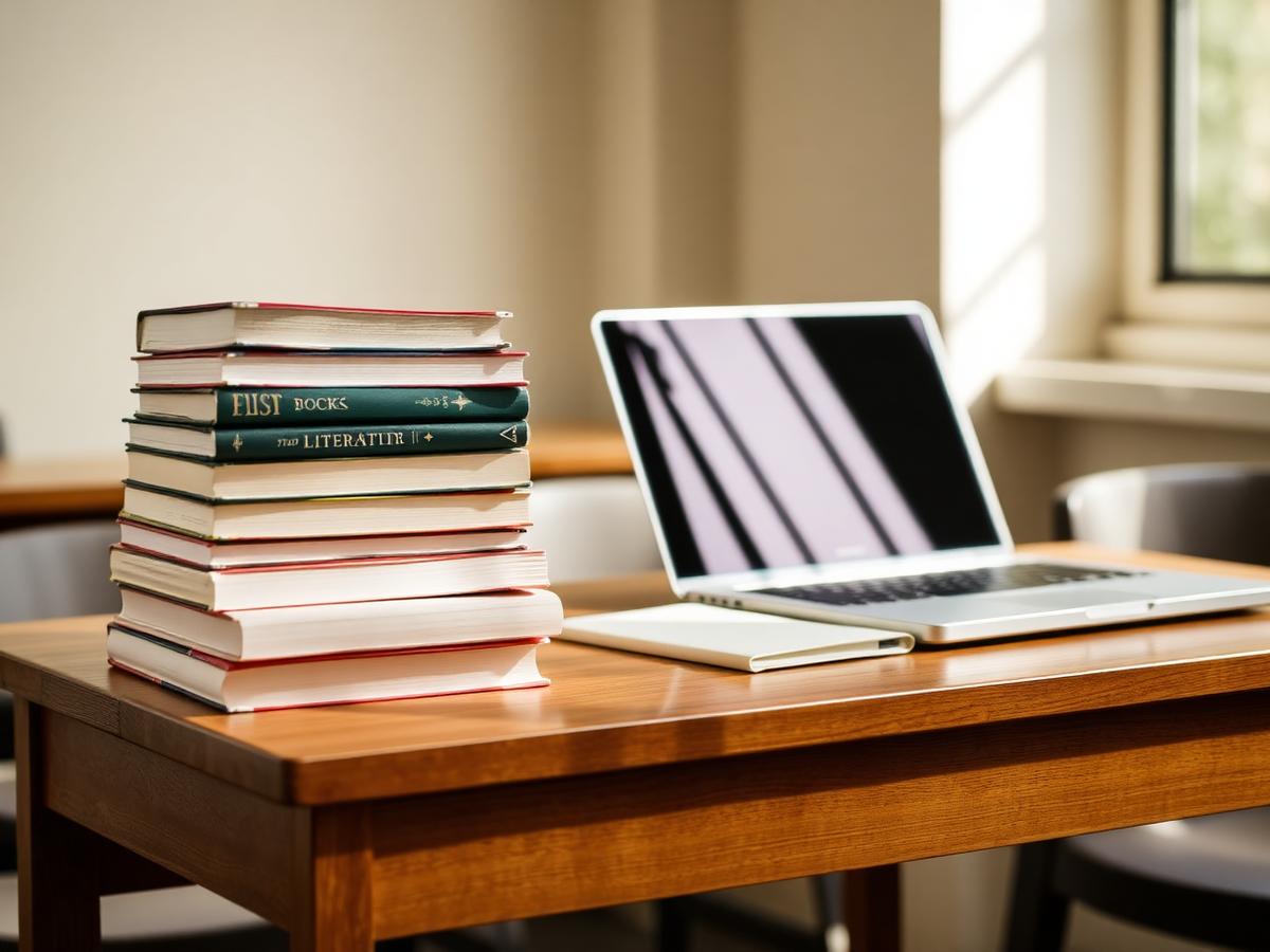 A stack of literature books beside an open laptop on a classroom desk