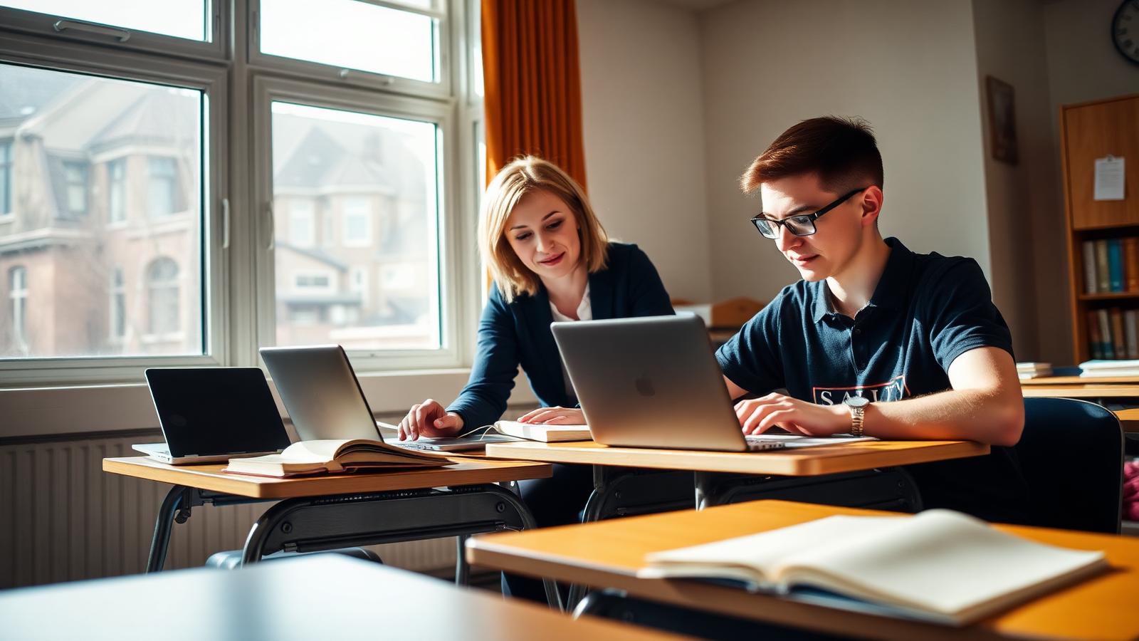 A teacher helping high school students working on laptops beside open books